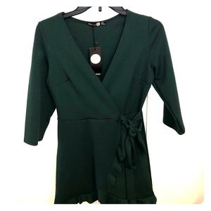 Hunter Green V Neck Ruffle Mini Dress